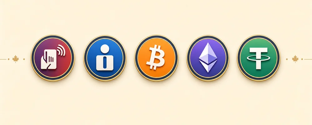 Five circular icon badges representing the main payment methods accepted at offshore casinos serving Canada &mdash; Interac, iDebit, Bitcoin, Ethereum, and Tether