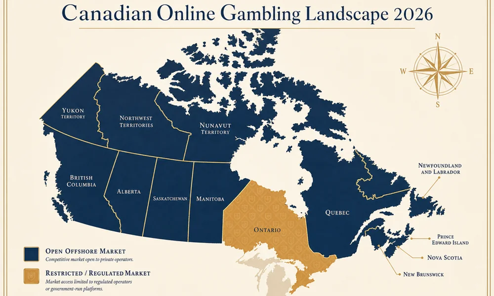Editorial map of Canada showing online gambling status by province in 2026 &mdash; Ontario in regulated/AGCO market amber, all other provinces in open offshore navy